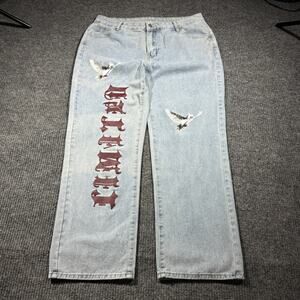 Y2K Baggy Japanese Style Jeans Womens XL Blue Denim Dove Streetwear Hiphop